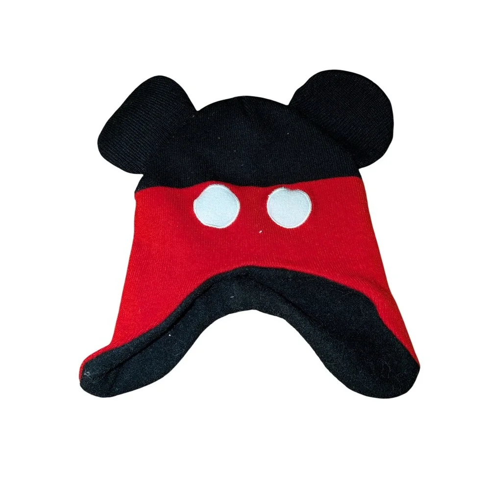 Disney Mickey Mouse Toddler Knit Beanie‎ Hat with Ears Red Black Cotton Earflap